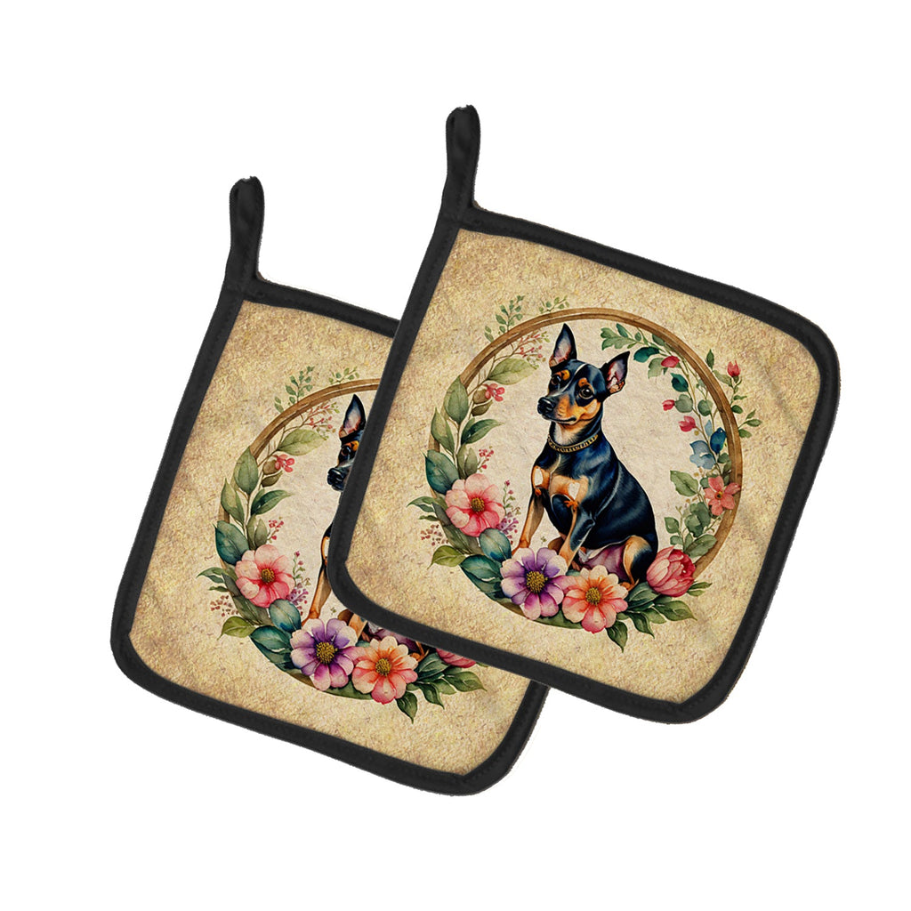 Miniature Pinscher and Flowers Pot Holder Set of 2 Heat Resistant Quilted Hot Pads 7.5 x 7.5 Inch, Insulated Kitchen Trivets for Cooking & Baking