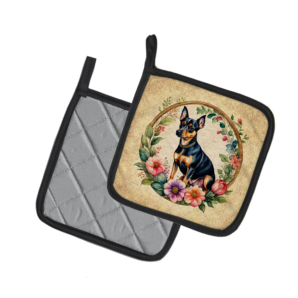Miniature Pinscher and Flowers Pot Holder Set of 2 Heat Resistant Quilted Hot Pads 7.5 x 7.5 Inch, Insulated Kitchen Trivets for Cooking & Baking