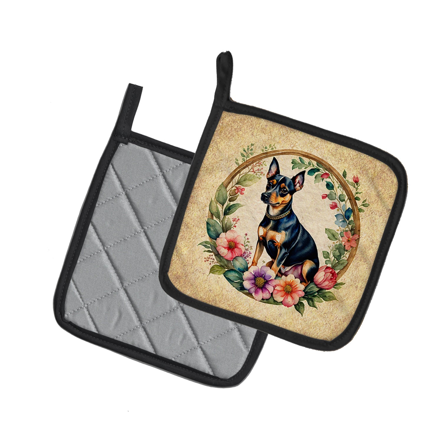 Miniature Pinscher and Flowers Pot Holder Set of 2 Heat Resistant Quilted Hot Pads 7.5 x 7.5 Inch, Insulated Kitchen Trivets for Cooking & Baking