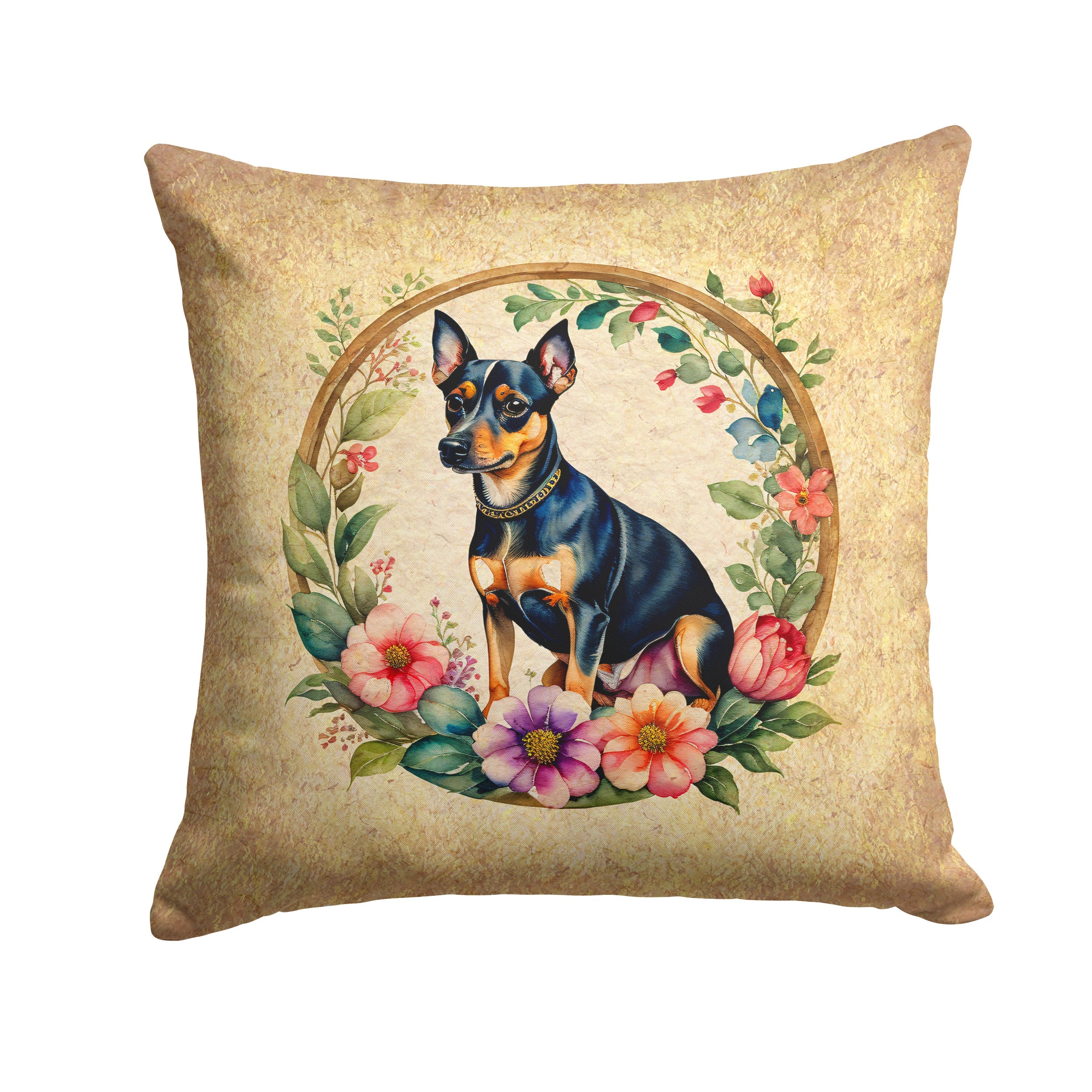 Miniature Pinscher and Flowers Decorative Throw Pillow 14x14 Indoor Outdoor Accent Cushion, Fabric Cover with Insert for Sofa, Bed, Porch & Living Room