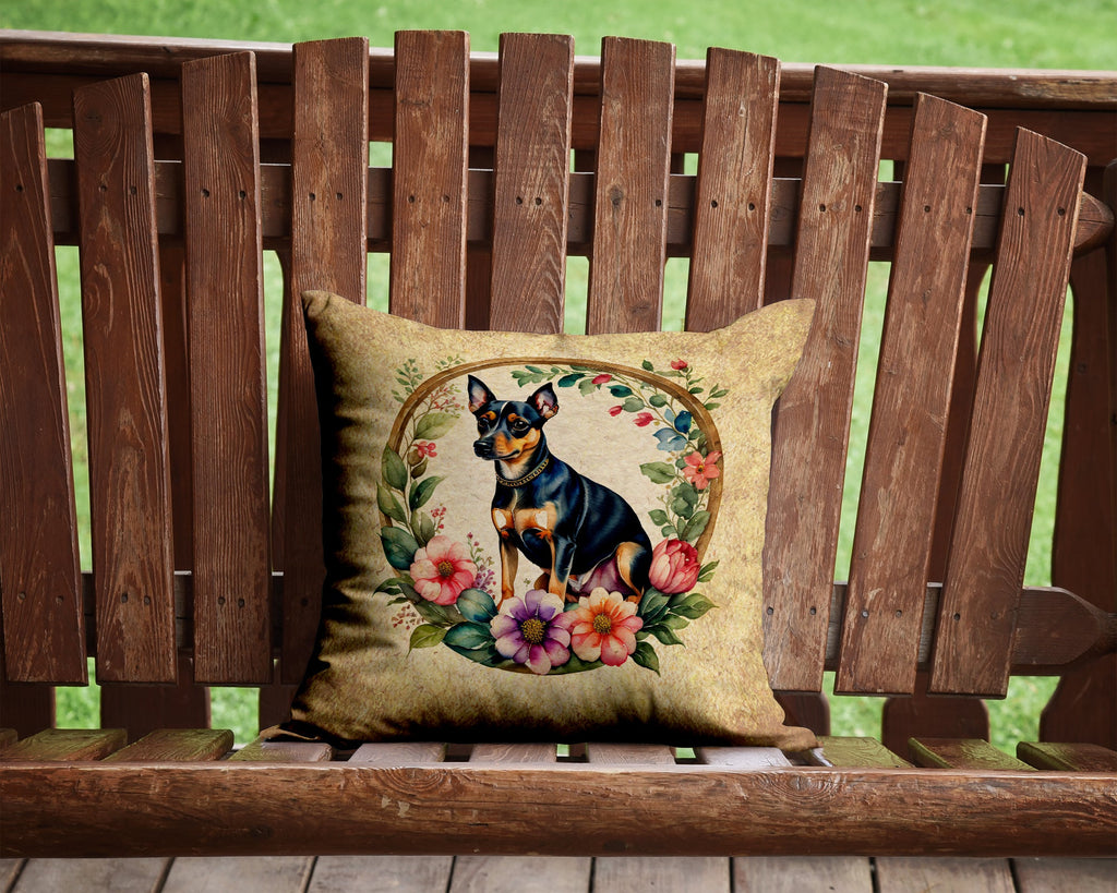 Miniature Pinscher and Flowers Decorative Throw Pillow 14x14 Indoor Outdoor Accent Cushion, Fabric Cover with Insert for Sofa, Bed, Porch & Living Room