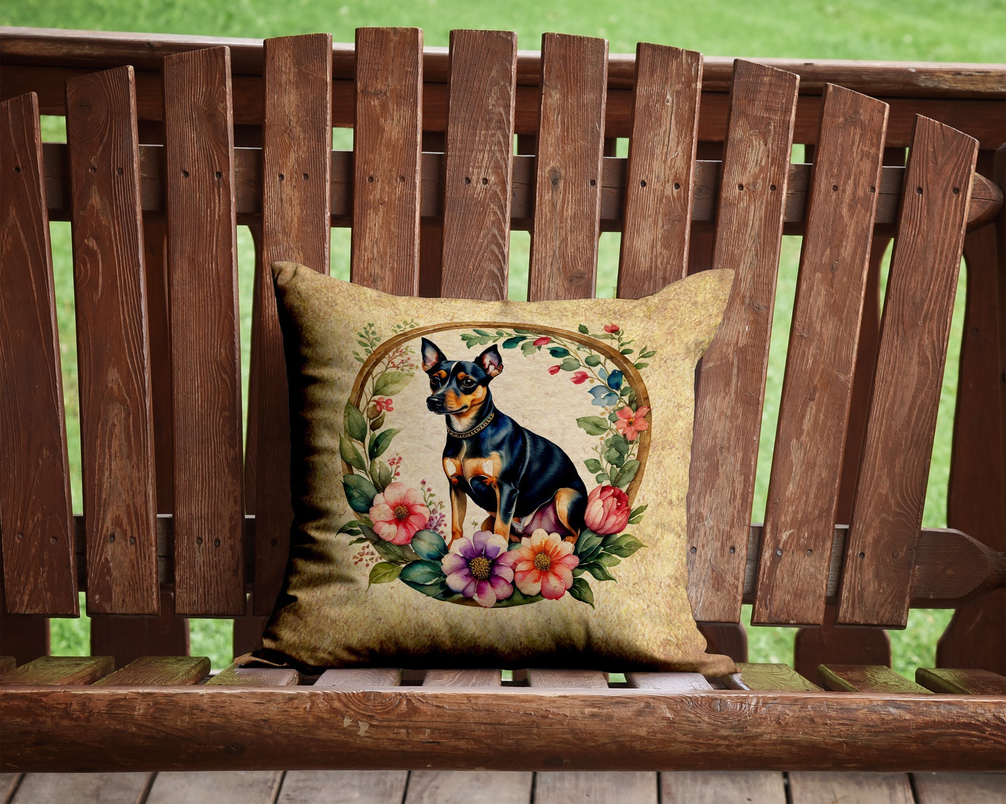 Miniature Pinscher and Flowers Decorative Throw Pillow 14x14 Indoor Outdoor Accent Cushion, Fabric Cover with Insert for Sofa, Bed, Porch & Living Room