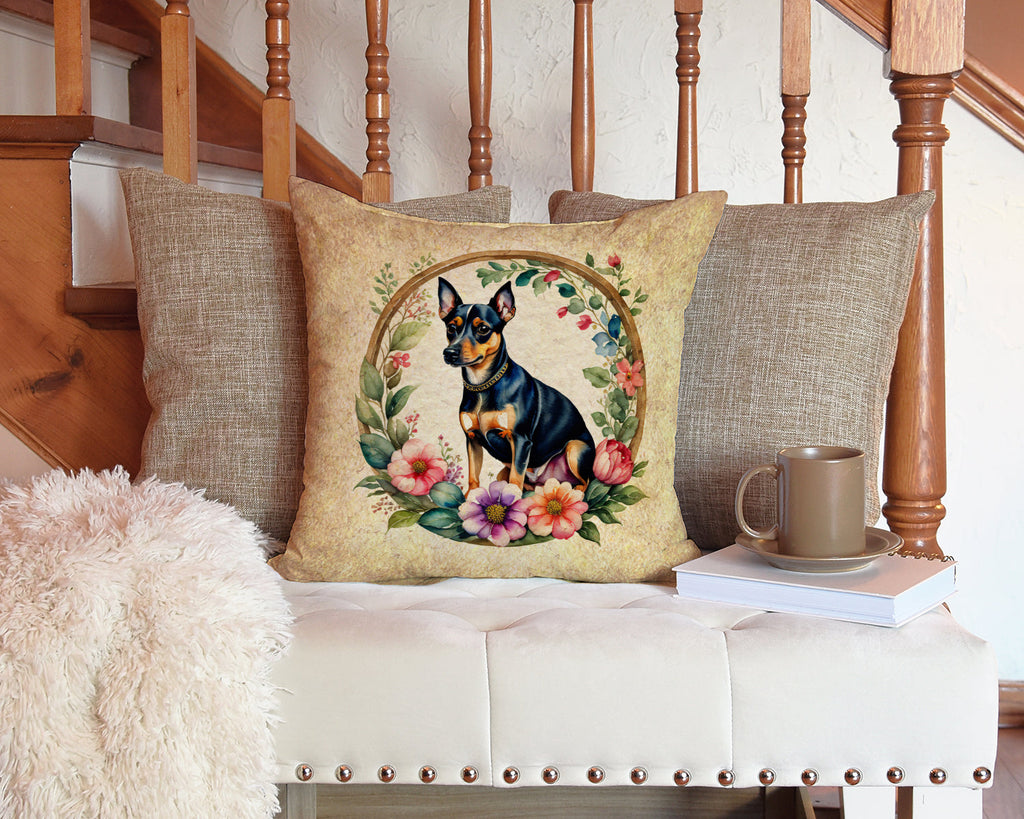 Miniature Pinscher and Flowers Decorative Throw Pillow 14x14 Indoor Outdoor Accent Cushion, Fabric Cover with Insert for Sofa, Bed, Porch & Living Room