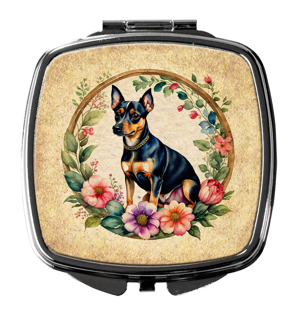 Miniature Pinscher and Flowers Compact Mirror Decorative Travel Makeup Mirror for Women Girls Gifts Pocket Makeup Mirror Folding Handheld