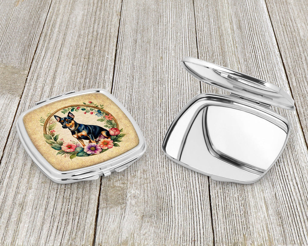 Miniature Pinscher and Flowers Compact Mirror Decorative Travel Makeup Mirror for Women Girls Gifts Pocket Makeup Mirror Folding Handheld