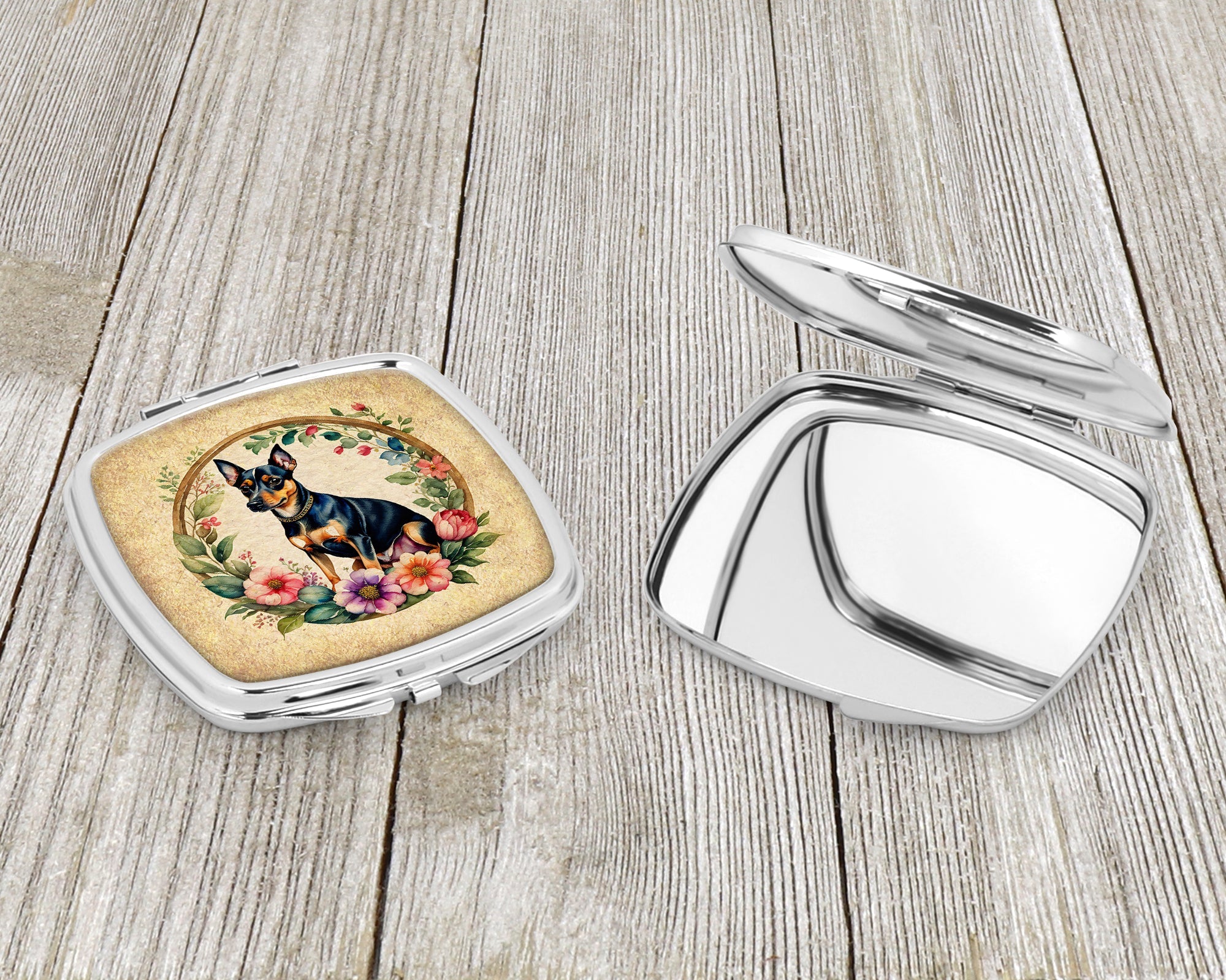 Miniature Pinscher and Flowers Compact Mirror Decorative Travel Makeup Mirror for Women Girls Gifts Pocket Makeup Mirror Folding Handheld