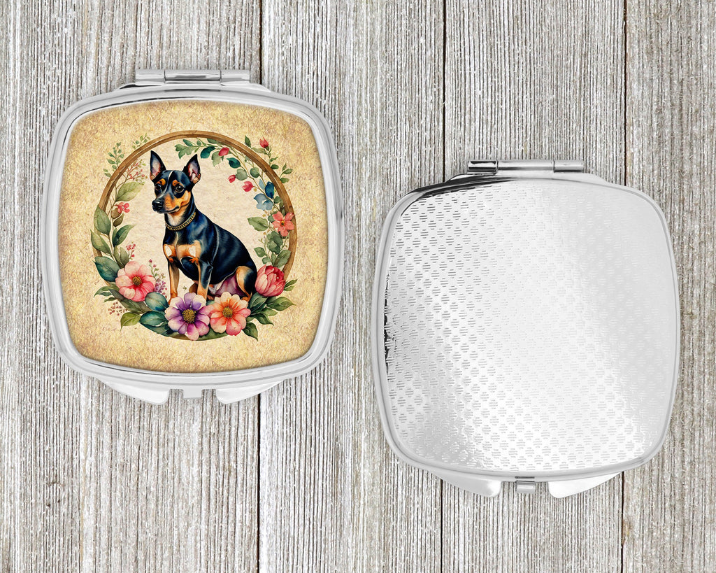 Miniature Pinscher and Flowers Compact Mirror Decorative Travel Makeup Mirror for Women Girls Gifts Pocket Makeup Mirror Folding Handheld
