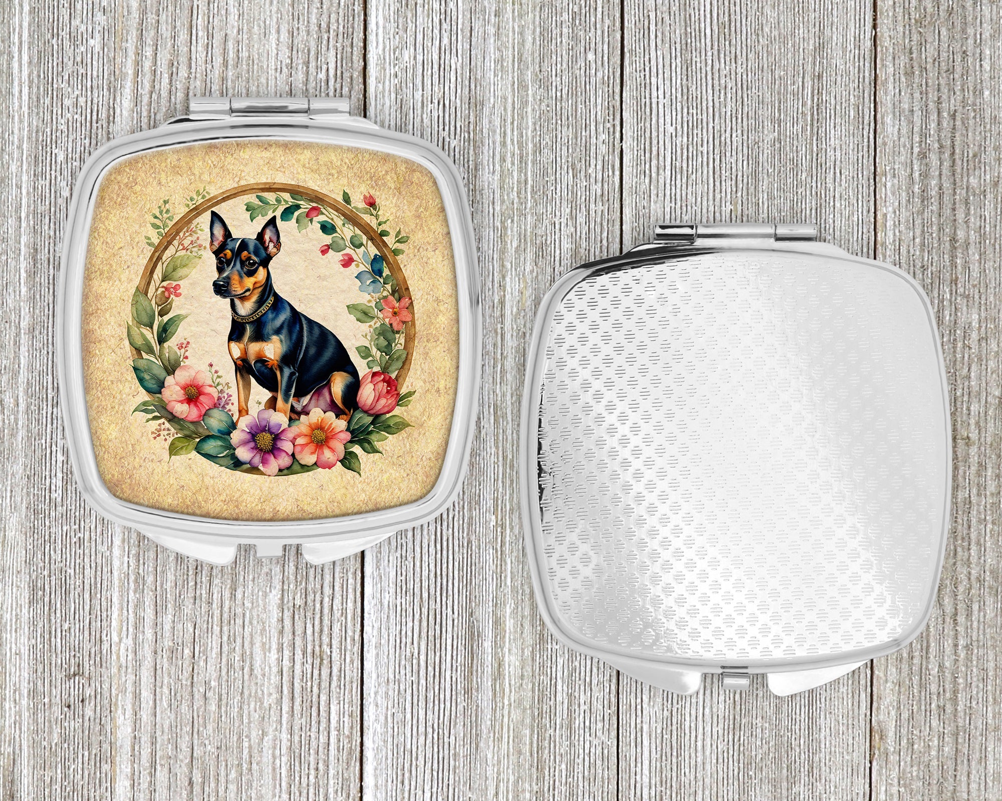 Miniature Pinscher and Flowers Compact Mirror Decorative Travel Makeup Mirror for Women Girls Gifts Pocket Makeup Mirror Folding Handheld