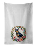 Miniature Pinscher and Flowers Kitchen Towel Set of 2 White Dish Towels Decorative Bathroom Hand towel for Hand, Face, Hair, Yoga, Tea, Dishcloth, 19 X 28", White
