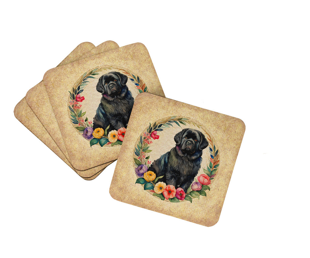 Newfoundland and Flowers Foam Coasters Set of 4 Cup Coasters for Indoor Outdoor, Tabletop Protection, Anti Slip, Mouse pad Material