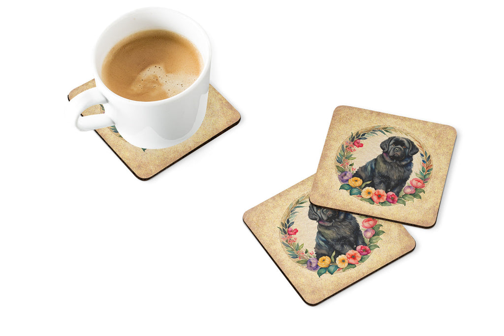 Newfoundland and Flowers Foam Coasters Set of 4 Cup Coasters for Indoor Outdoor, Tabletop Protection, Anti Slip, Mouse pad Material