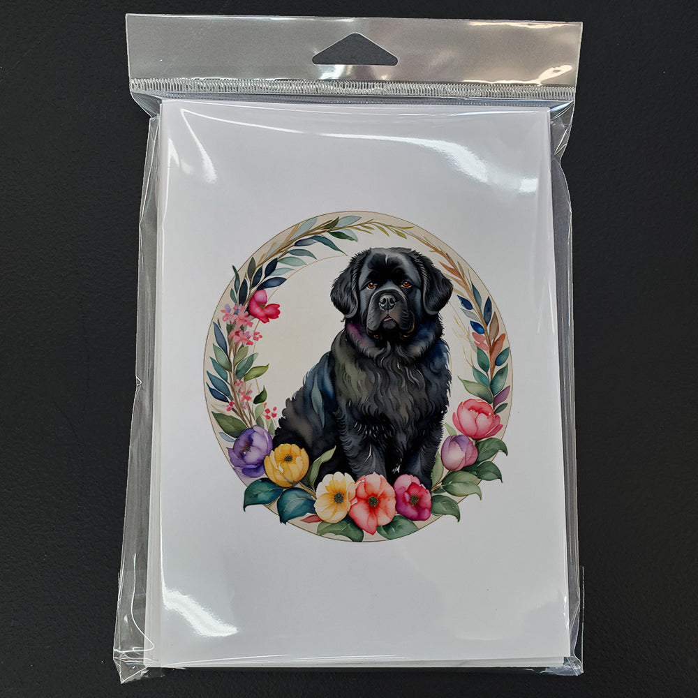 Newfoundland and Flowers Greeting Cards Pack of 8 Blank Cards with Envelopes Whimsical A7 Size 5x7