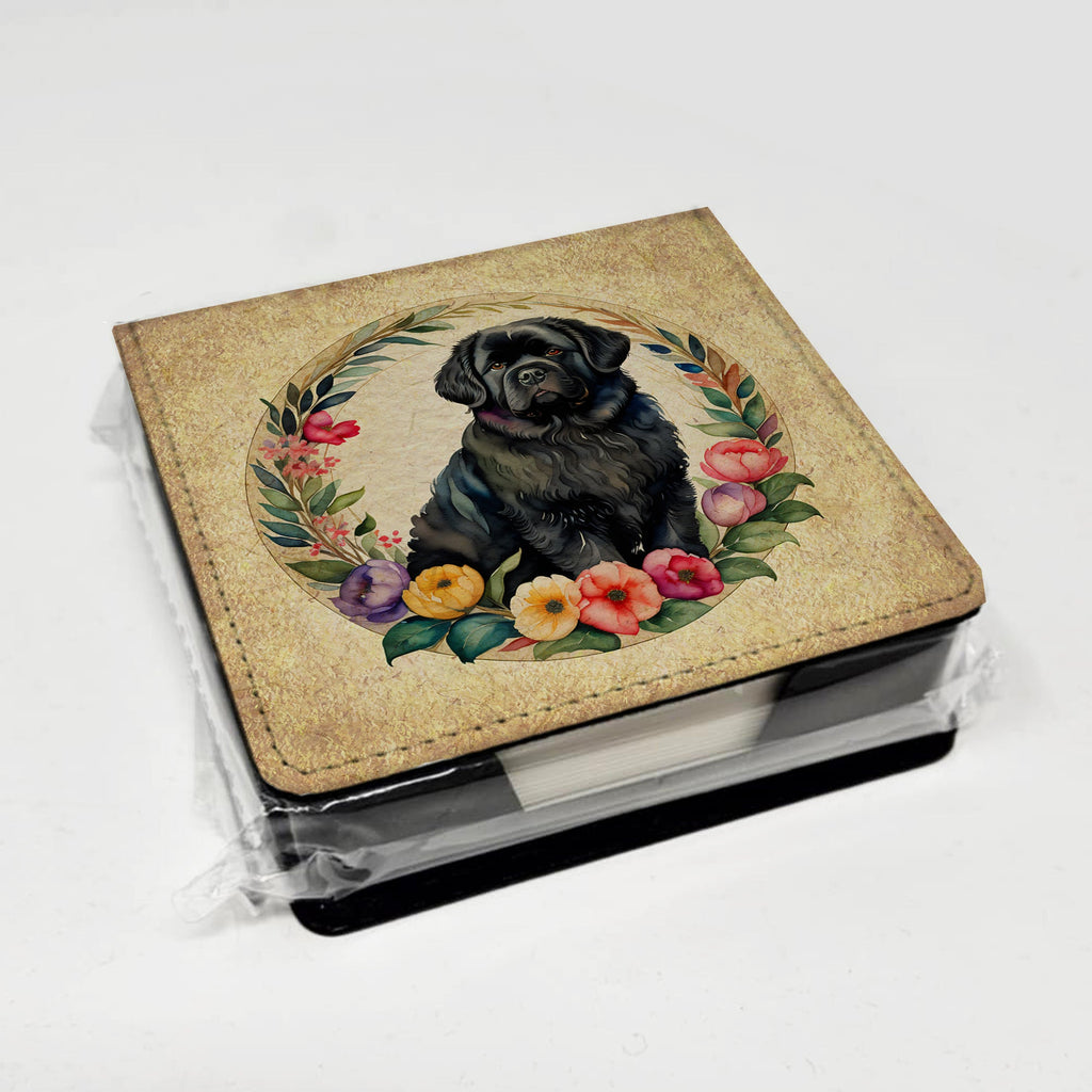 Newfoundland and Flowers PU Leather Note Paper Holder with Artist-Designed Cover, Desk Accessory, Office Gift