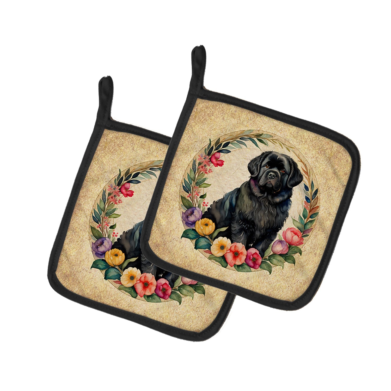Newfoundland and Flowers Pot Holder Set of 2 Heat Resistant Quilted Hot Pads 7.5 x 7.5 Inch, Insulated Kitchen Trivets for Cooking & Baking