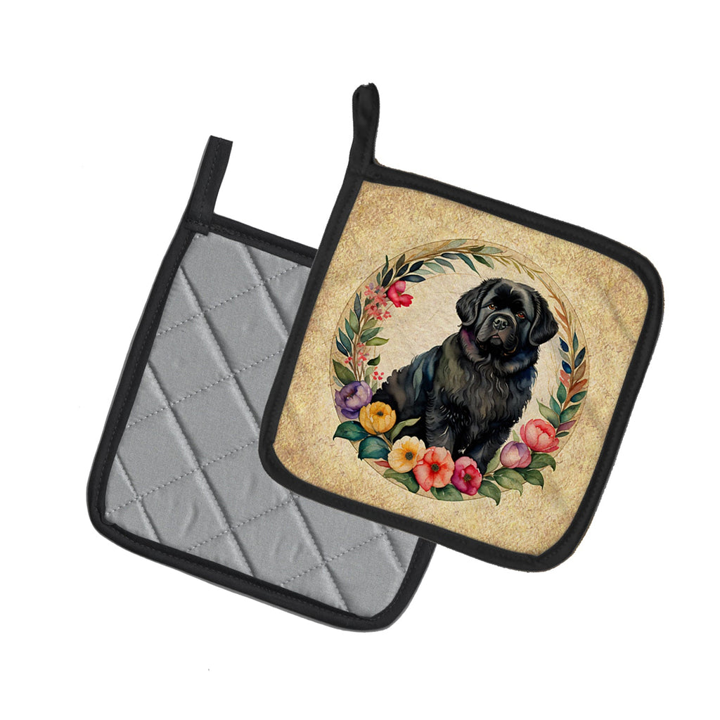Newfoundland and Flowers Pot Holder Set of 2 Heat Resistant Quilted Hot Pads 7.5 x 7.5 Inch, Insulated Kitchen Trivets for Cooking & Baking