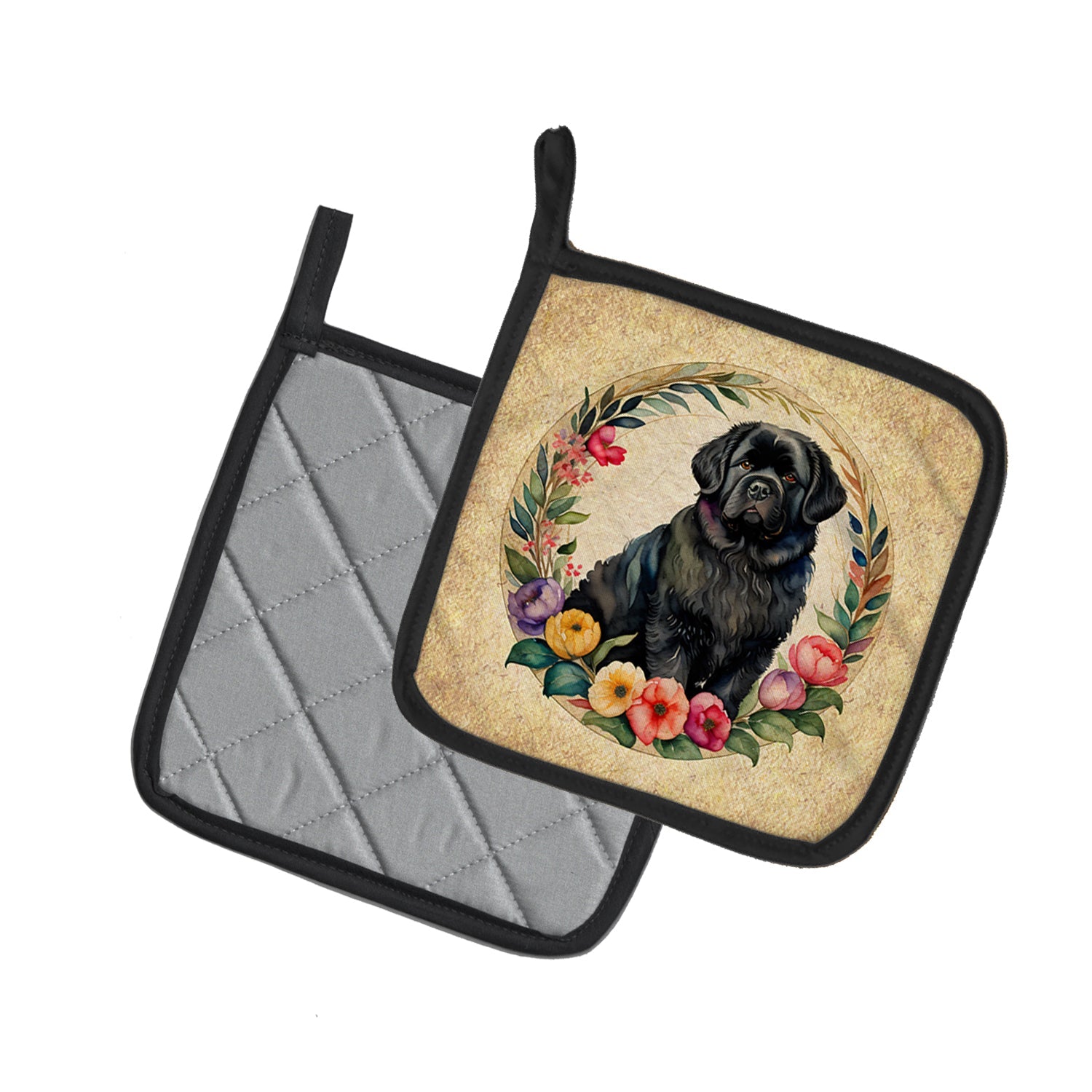 Newfoundland and Flowers Pot Holder Set of 2 Heat Resistant Quilted Hot Pads 7.5 x 7.5 Inch, Insulated Kitchen Trivets for Cooking & Baking