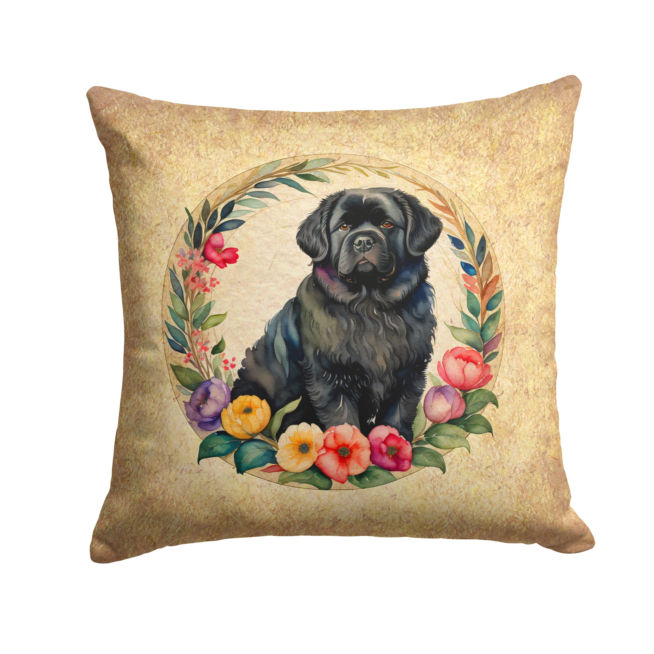 Newfoundland and Flowers Decorative Throw Pillow 14x14 Indoor Outdoor Accent Cushion, Fabric Cover with Insert for Sofa, Bed, Porch & Living Room