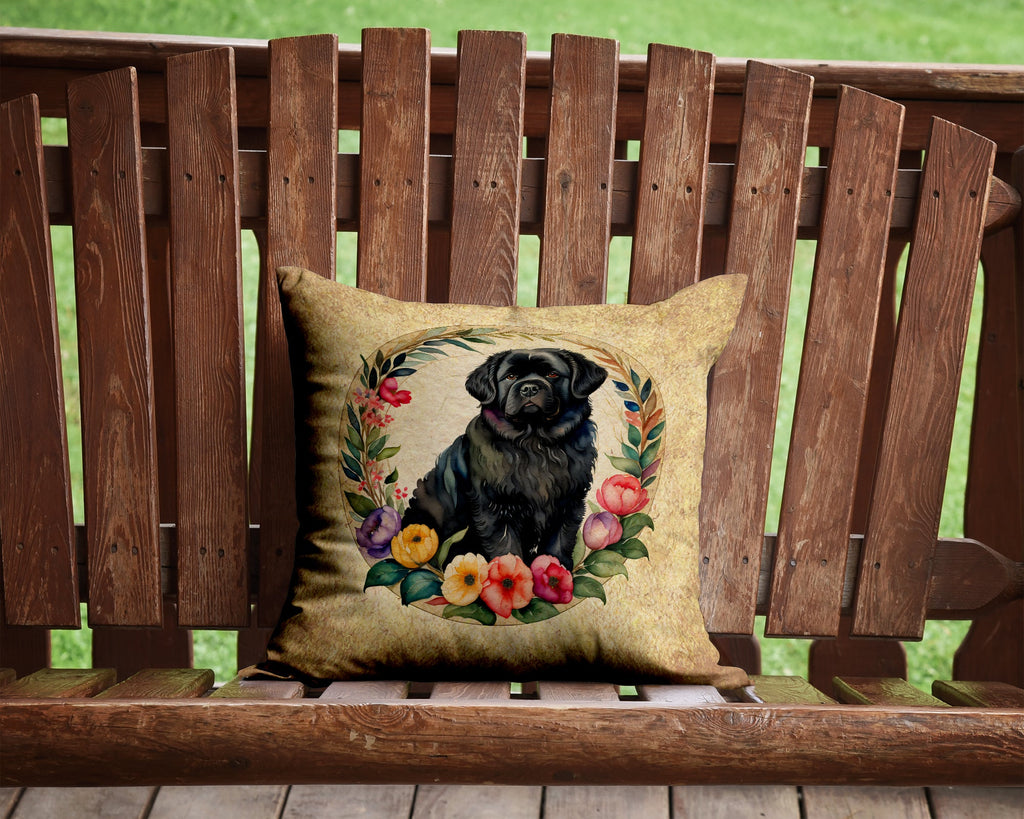 Newfoundland and Flowers Decorative Throw Pillow 14x14 Indoor Outdoor Accent Cushion, Fabric Cover with Insert for Sofa, Bed, Porch & Living Room