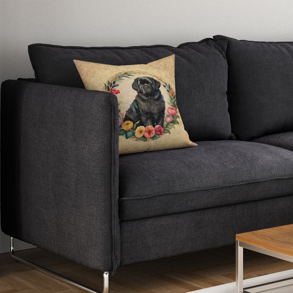 Newfoundland and Flowers Decorative Throw Pillow 14x14 Indoor Outdoor Accent Cushion, Fabric Cover with Insert for Sofa, Bed, Porch & Living Room