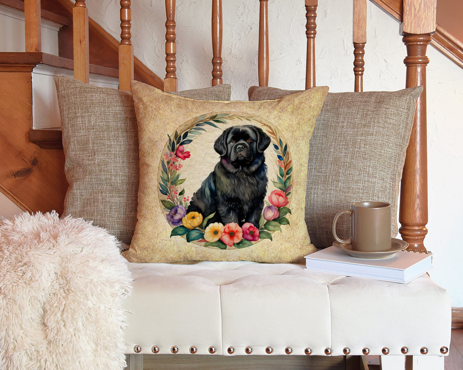 Newfoundland and Flowers Decorative Throw Pillow 14x14 Indoor Outdoor Accent Cushion, Fabric Cover with Insert for Sofa, Bed, Porch & Living Room