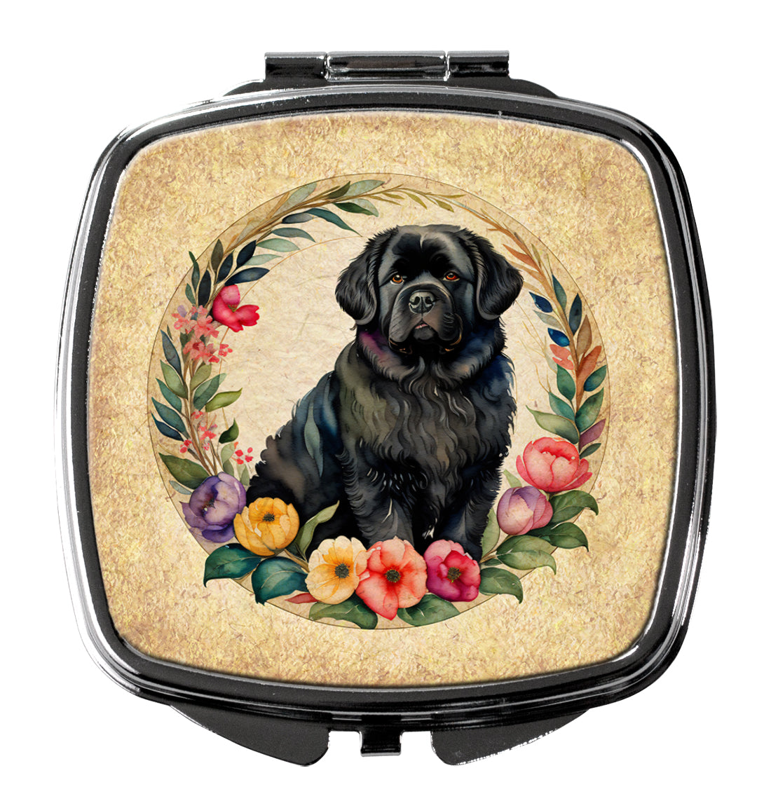 Newfoundland and Flowers Compact Mirror Decorative Travel Makeup Mirror for Women Girls Gifts Pocket Makeup Mirror Folding Handheld