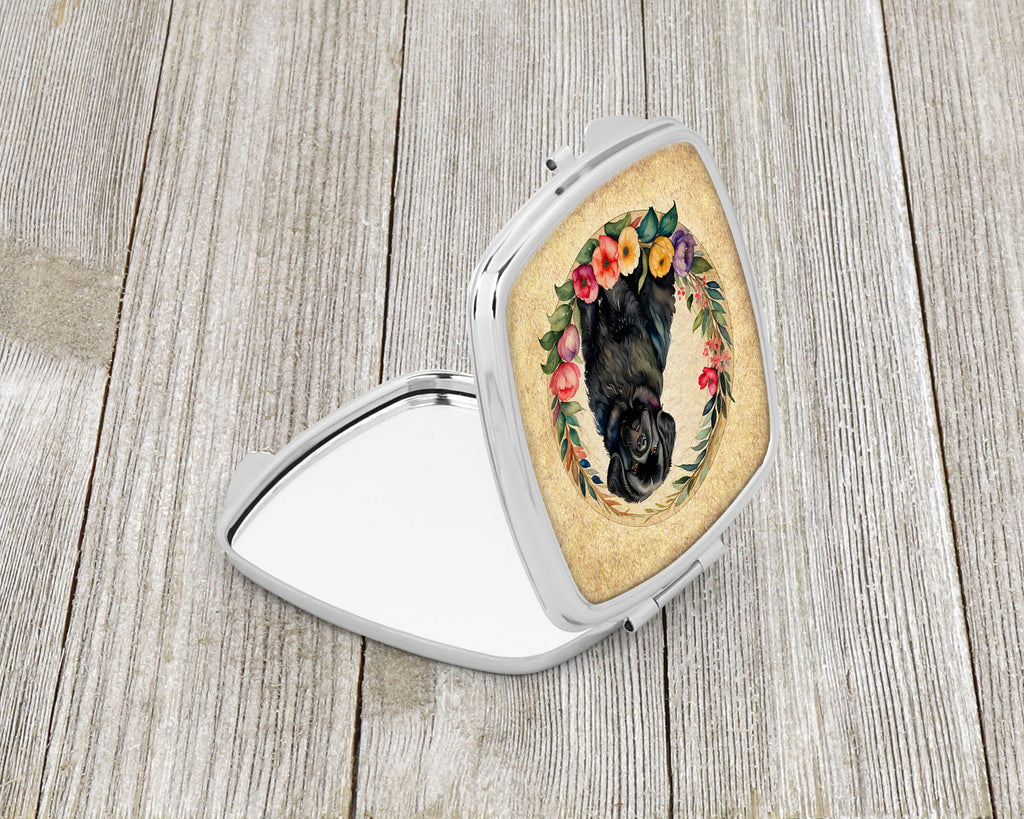 Newfoundland and Flowers Compact Mirror Decorative Travel Makeup Mirror for Women Girls Gifts Pocket Makeup Mirror Folding Handheld