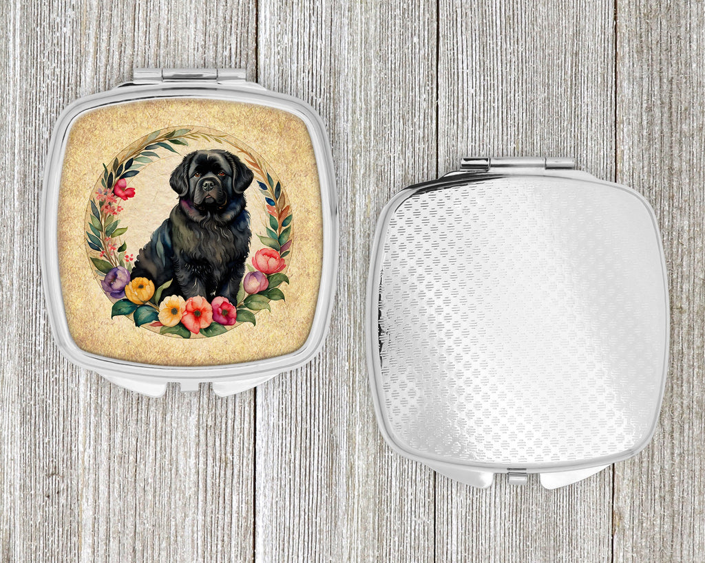 Newfoundland and Flowers Compact Mirror Decorative Travel Makeup Mirror for Women Girls Gifts Pocket Makeup Mirror Folding Handheld