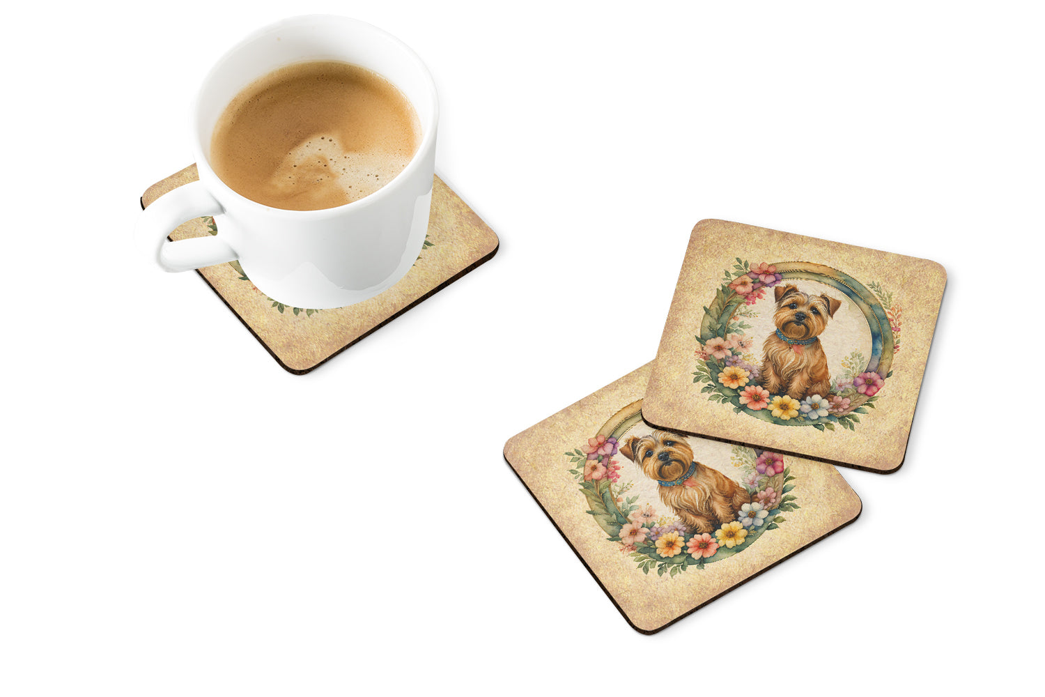 Norfolk Terrier and Flowers Foam Coasters Set of 4 Cup Coasters for Indoor Outdoor, Tabletop Protection, Anti Slip, Mouse pad Material