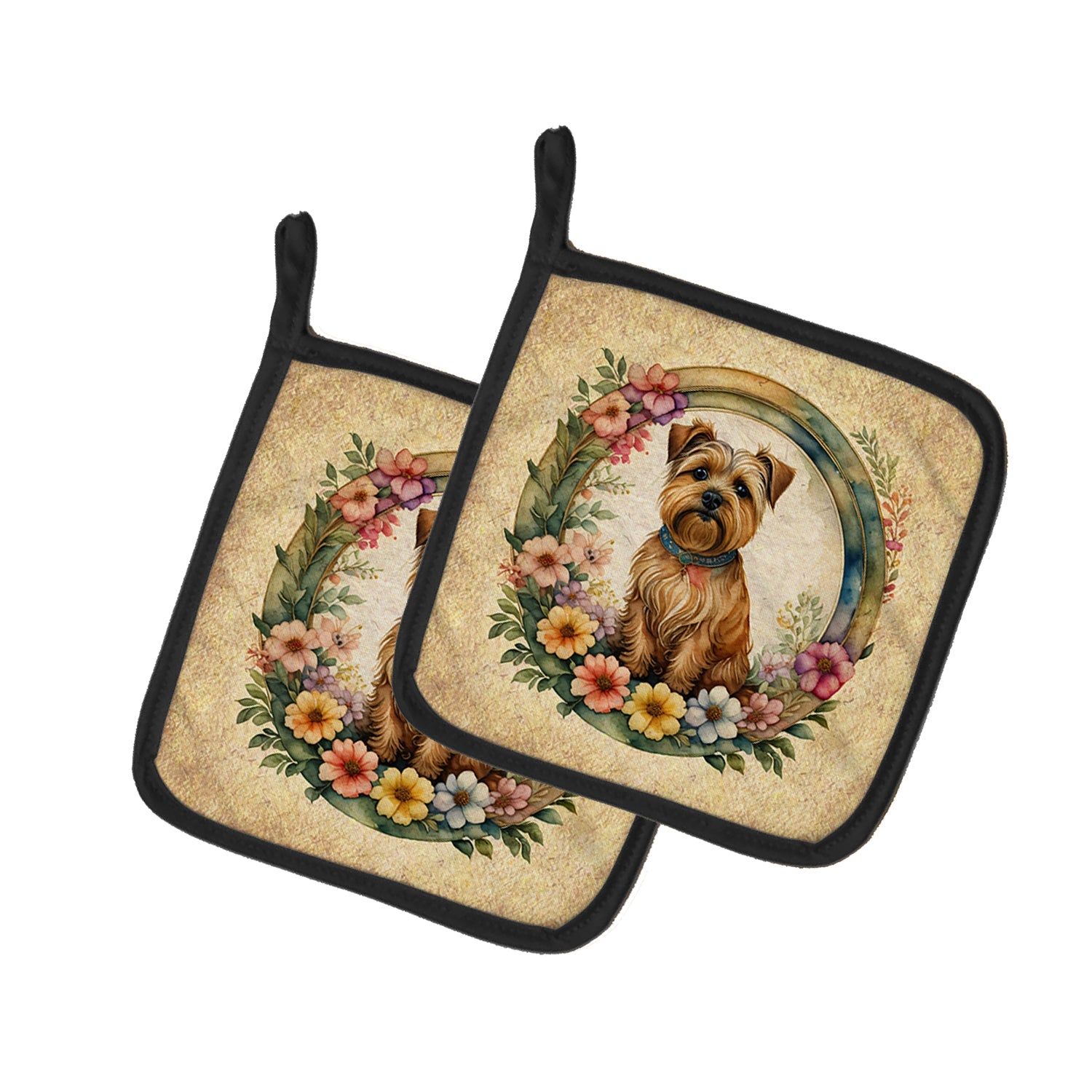 Norfolk Terrier and Flowers Pot Holder Set of 2 Heat Resistant Quilted Hot Pads 7.5 x 7.5 Inch, Insulated Kitchen Trivets for Cooking & Baking