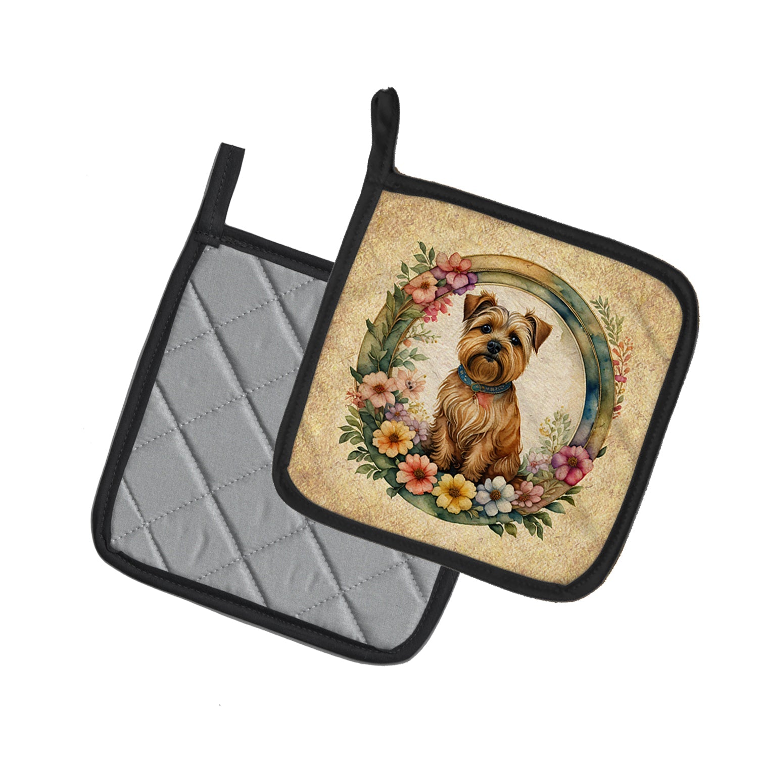 Norfolk Terrier and Flowers Pot Holder Set of 2 Heat Resistant Quilted Hot Pads 7.5 x 7.5 Inch, Insulated Kitchen Trivets for Cooking & Baking