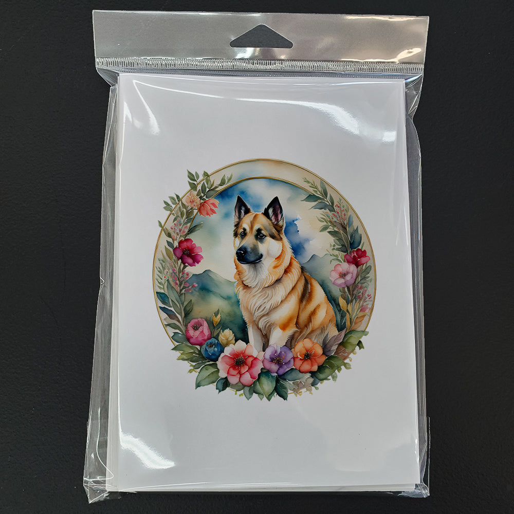 Norwegian Buhund and Flowers Greeting Cards Pack of 8 Blank Cards with Envelopes Whimsical A7 Size 5x7