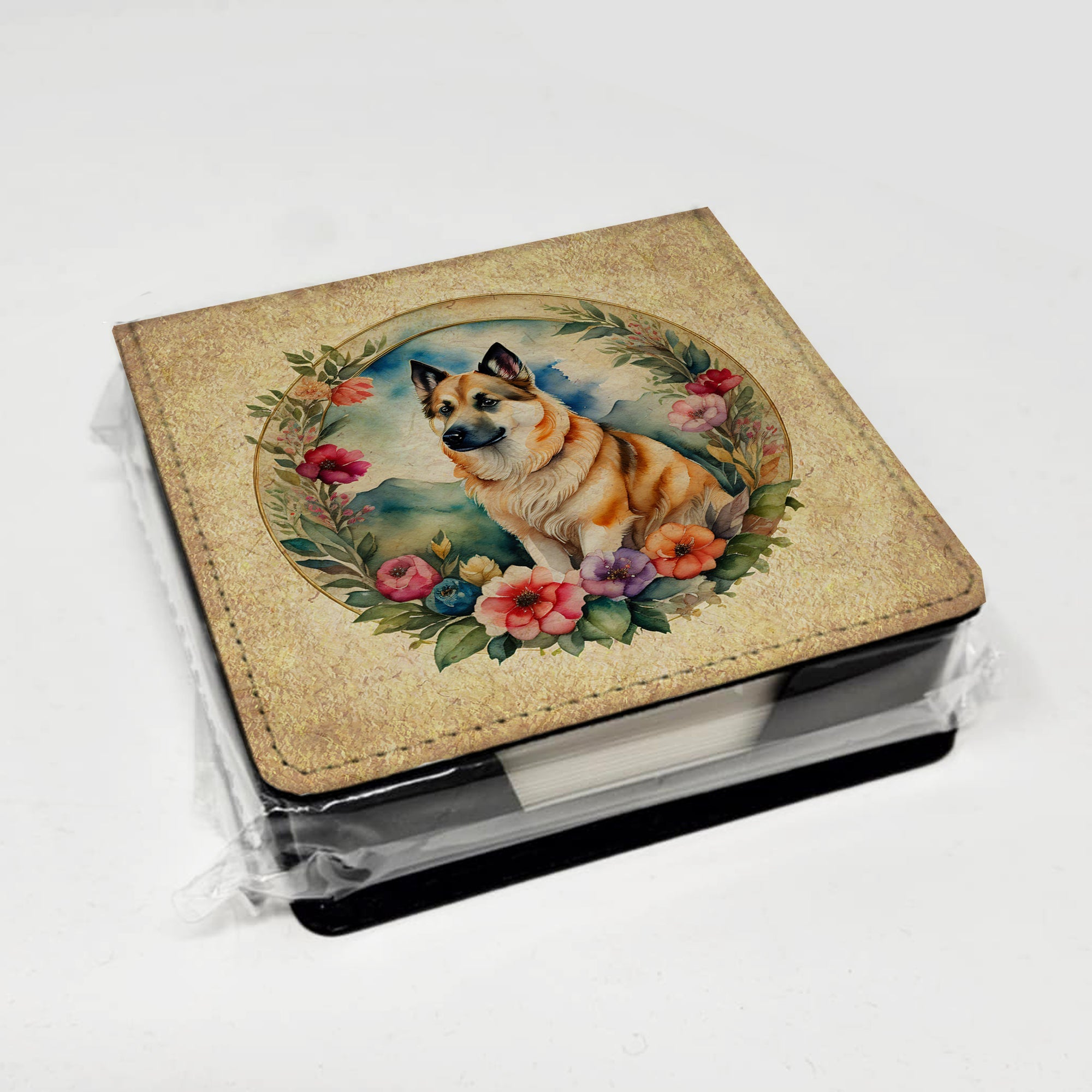Norwegian Buhund and Flowers PU Leather Note Paper Holder with Artist-Designed Cover, Desk Accessory, Office Gift
