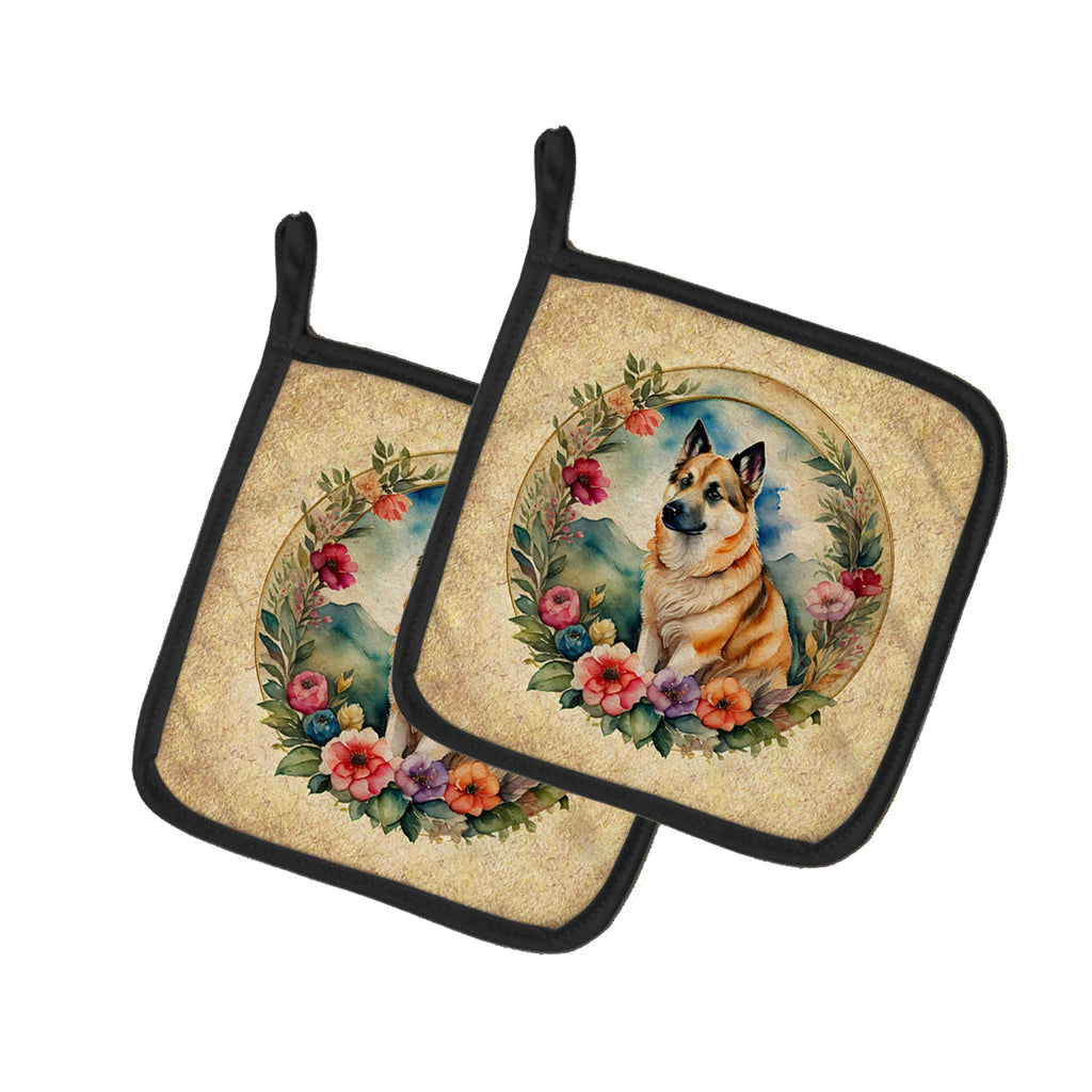 Norwegian Buhund and Flowers Pot Holder Set of 2 Heat Resistant Quilted Hot Pads 7.5 x 7.5 Inch, Insulated Kitchen Trivets for Cooking & Baking