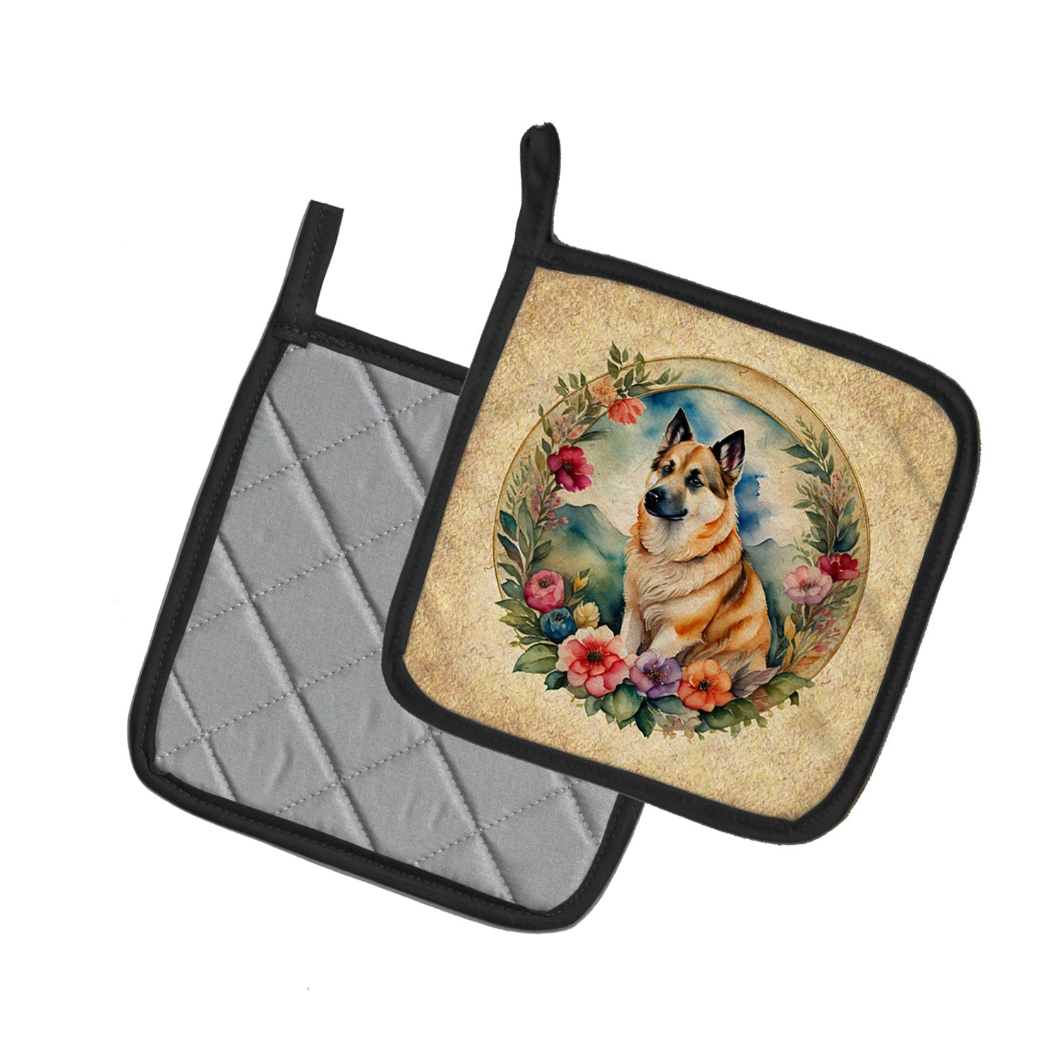Norwegian Buhund and Flowers Pot Holder Set of 2 Heat Resistant Quilted Hot Pads 7.5 x 7.5 Inch, Insulated Kitchen Trivets for Cooking & Baking