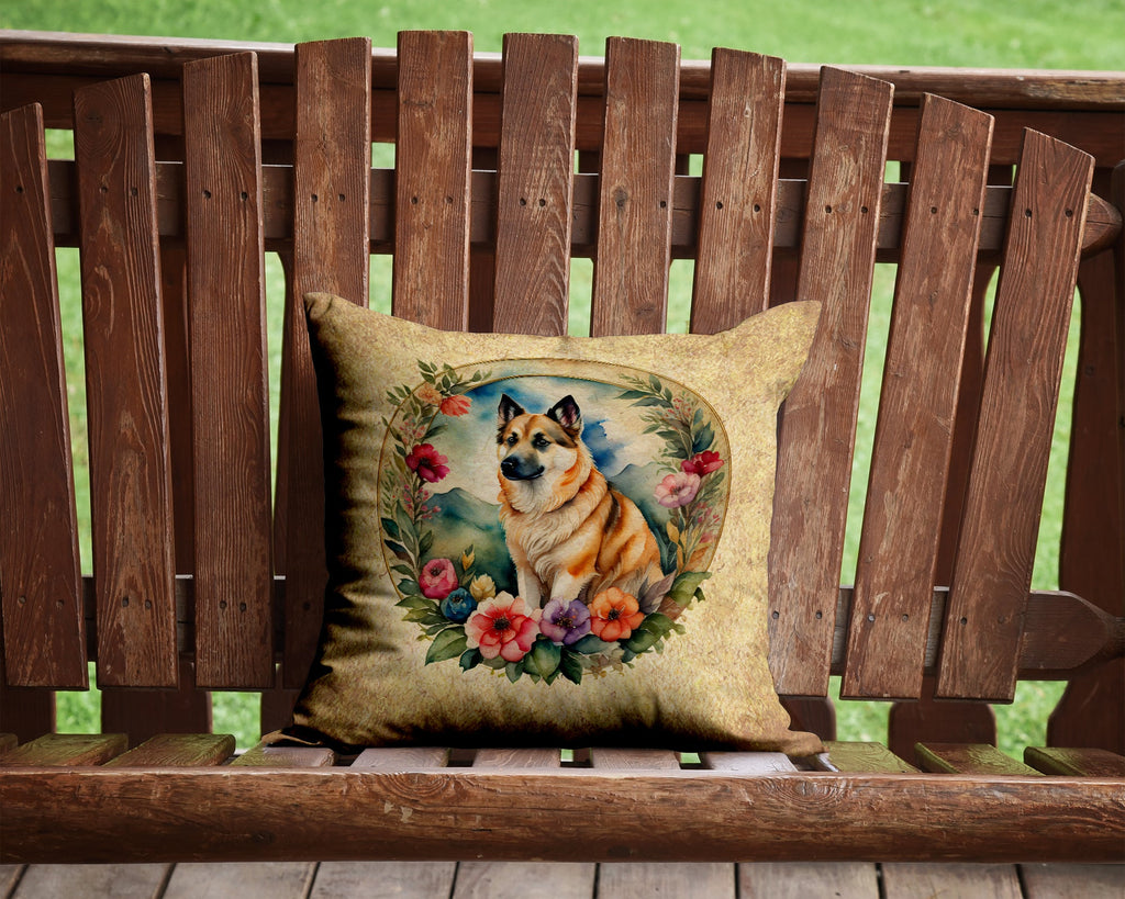 Norwegian Buhund and Flowers Decorative Throw Pillow 14x14 Indoor Outdoor Accent Cushion, Fabric Cover with Insert for Sofa, Bed, Porch & Living Room