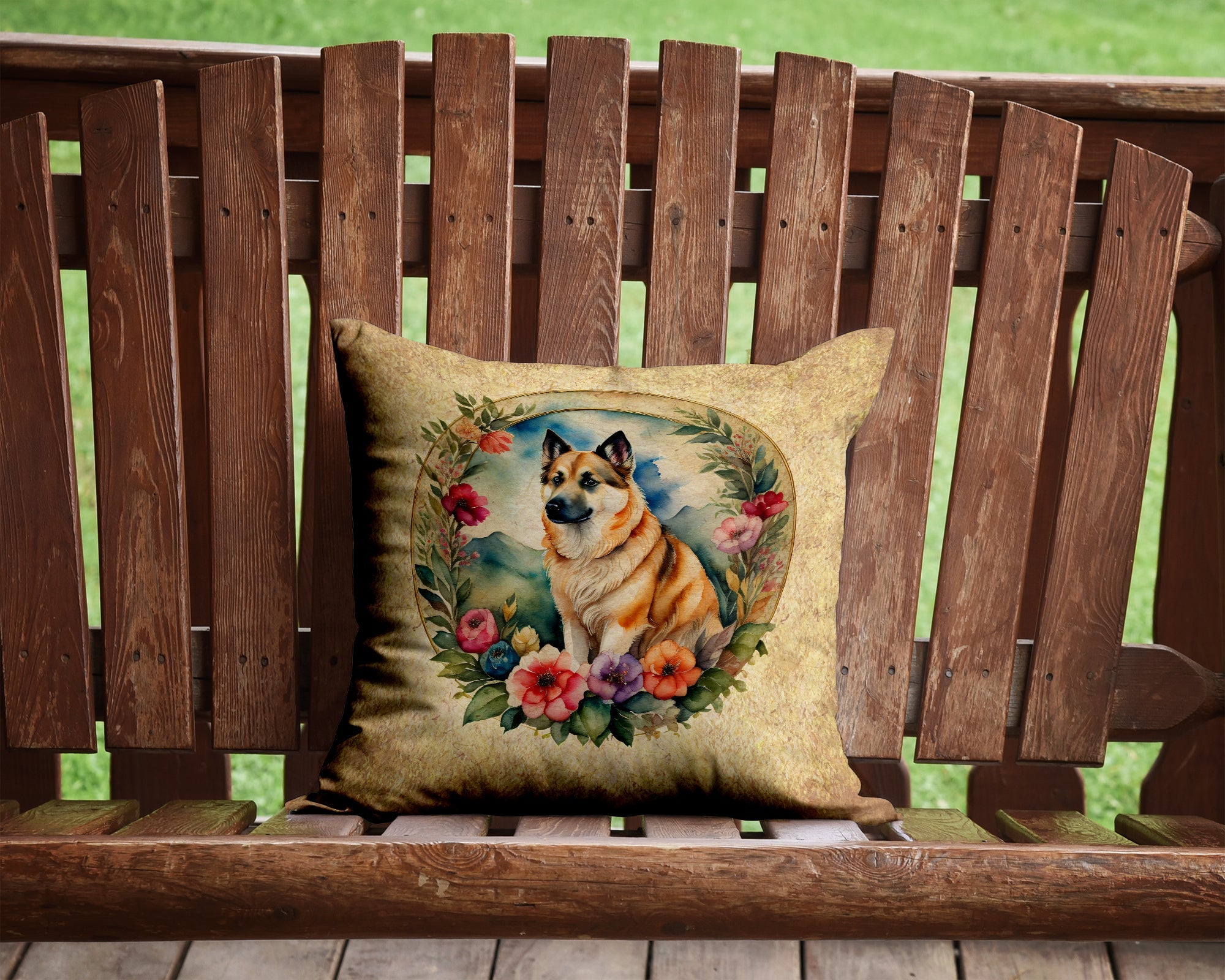 Norwegian Buhund and Flowers Decorative Throw Pillow 14x14 Indoor Outdoor Accent Cushion, Fabric Cover with Insert for Sofa, Bed, Porch & Living Room