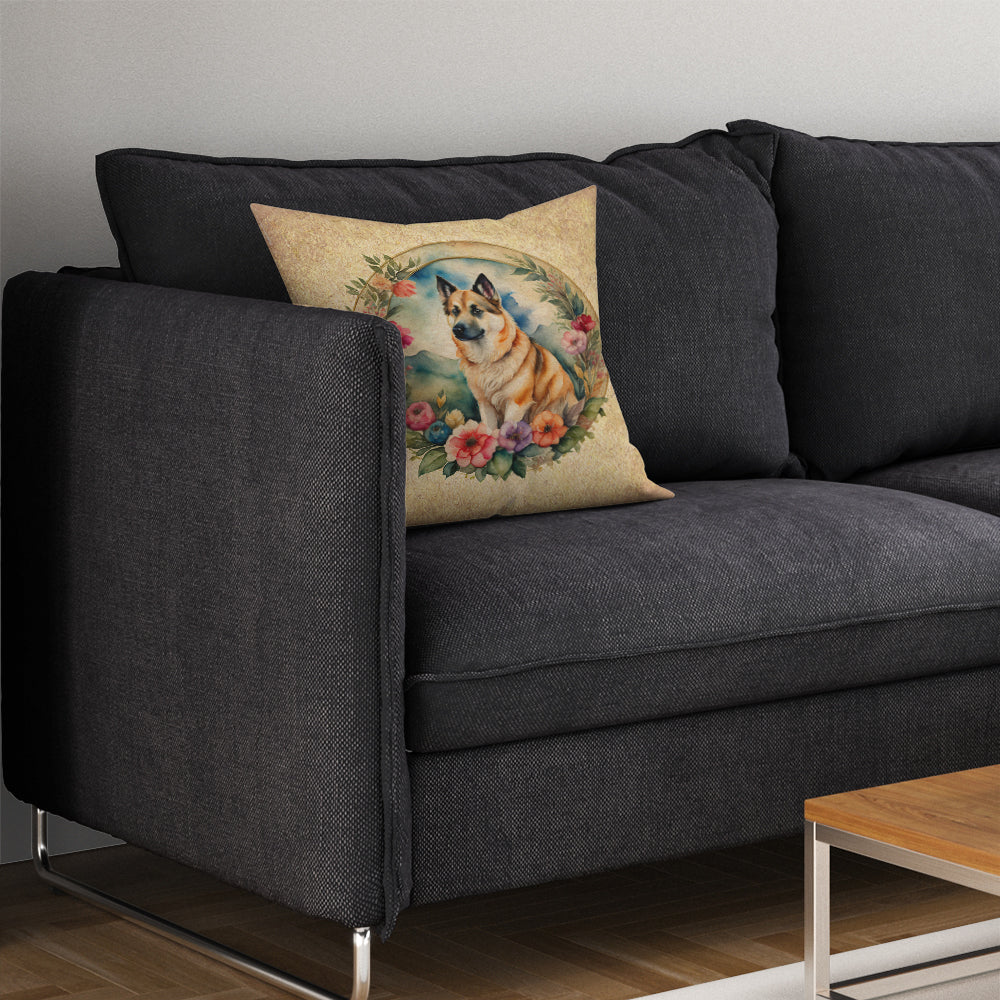 Norwegian Buhund and Flowers Decorative Throw Pillow 14x14 Indoor Outdoor Accent Cushion, Fabric Cover with Insert for Sofa, Bed, Porch & Living Room