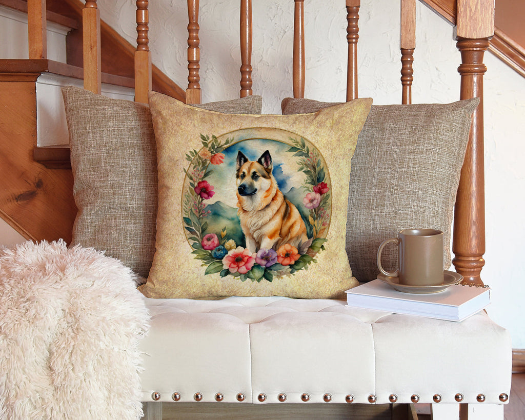 Norwegian Buhund and Flowers Decorative Throw Pillow 14x14 Indoor Outdoor Accent Cushion, Fabric Cover with Insert for Sofa, Bed, Porch & Living Room