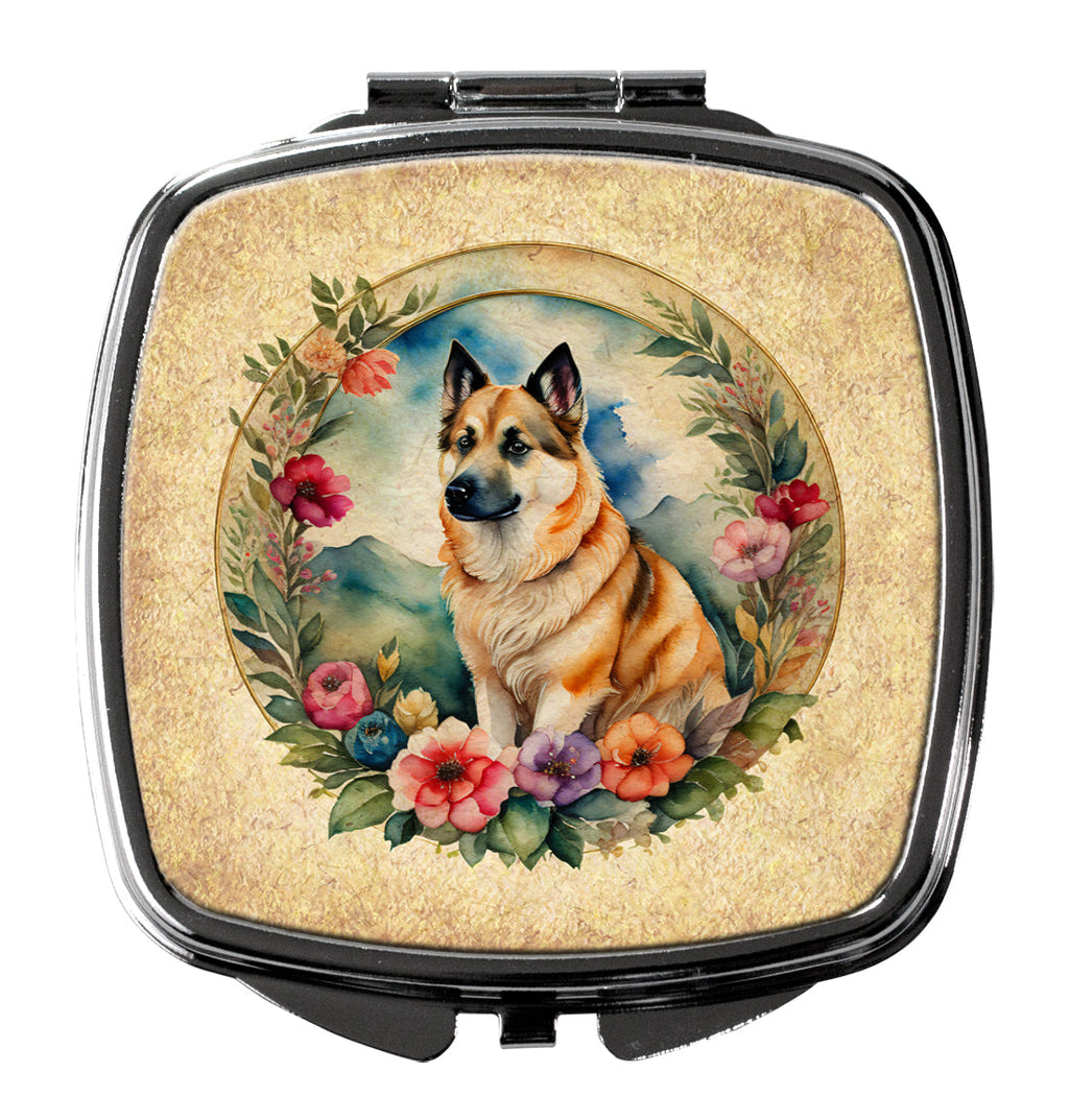 Norwegian Buhund and Flowers Compact Mirror Decorative Travel Makeup Mirror for Women Girls Gifts Pocket Makeup Mirror Folding Handheld