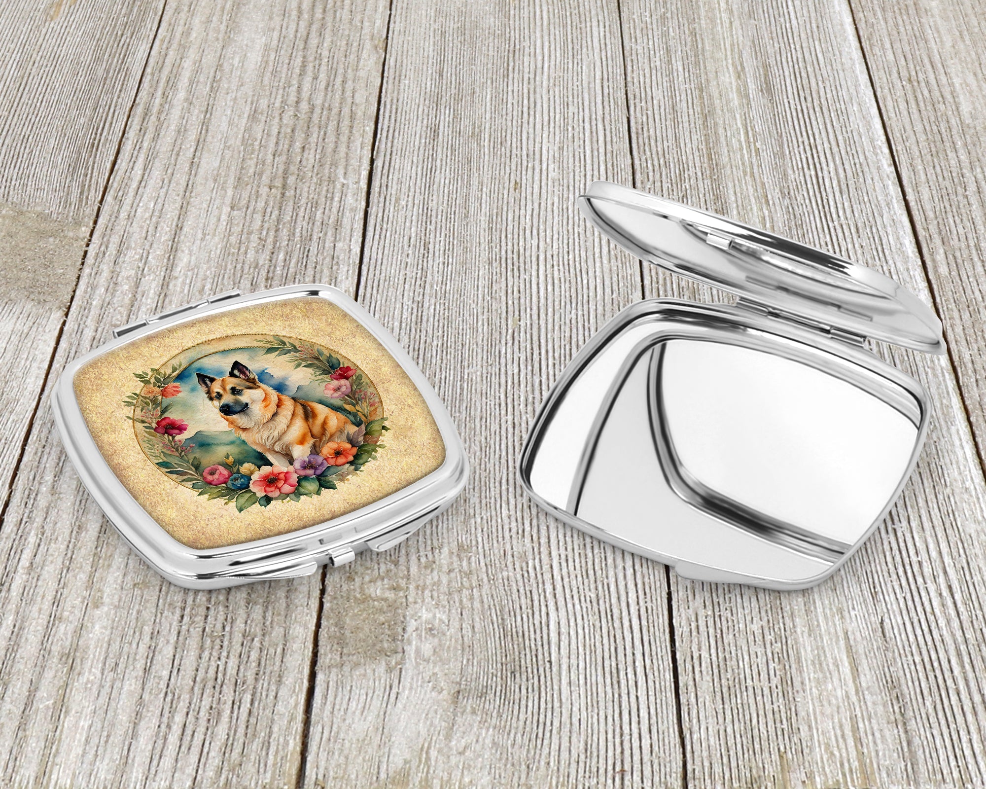 Norwegian Buhund and Flowers Compact Mirror Decorative Travel Makeup Mirror for Women Girls Gifts Pocket Makeup Mirror Folding Handheld