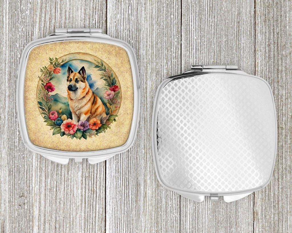 Norwegian Buhund and Flowers Compact Mirror Decorative Travel Makeup Mirror for Women Girls Gifts Pocket Makeup Mirror Folding Handheld