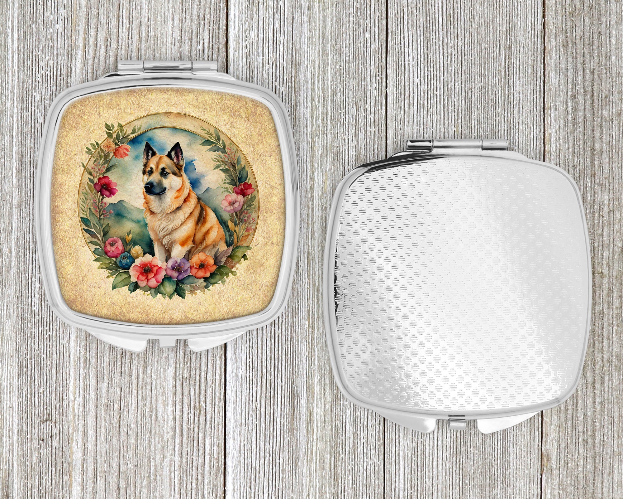 Norwegian Buhund and Flowers Compact Mirror Decorative Travel Makeup Mirror for Women Girls Gifts Pocket Makeup Mirror Folding Handheld