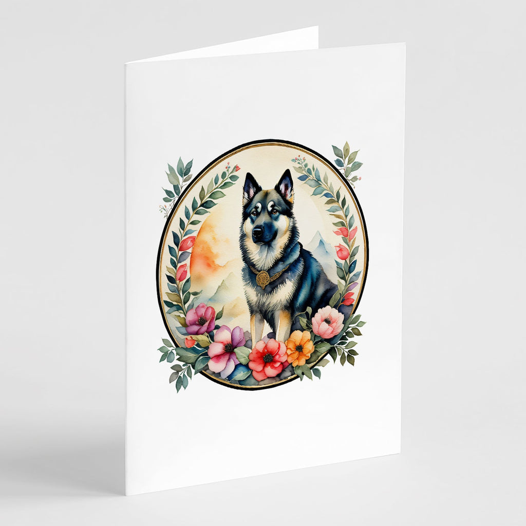 Norwegian Elkhound and Flowers Greeting Cards Pack of 8 Blank Cards with Envelopes Whimsical A7 Size 5x7