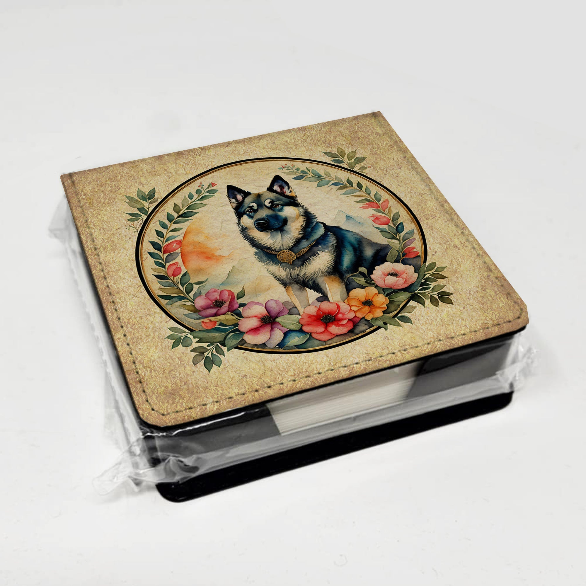 Norwegian Elkhound and Flowers PU Leather Note Paper Holder with Artist-Designed Cover, Desk Accessory, Office Gift