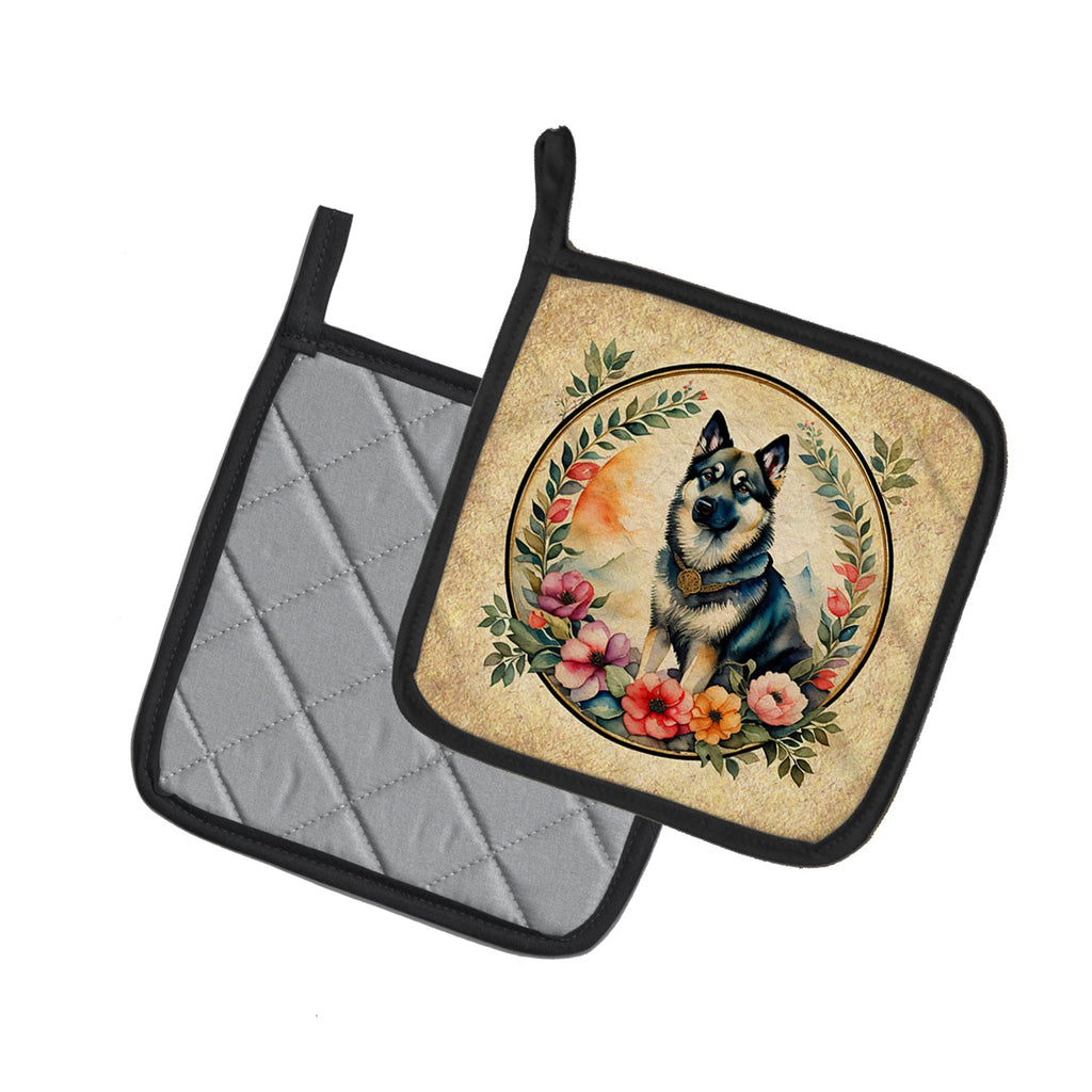 Norwegian Elkhound and Flowers Pot Holder Set of 2 Heat Resistant Quilted Hot Pads 7.5 x 7.5 Inch, Insulated Kitchen Trivets for Cooking & Baking
