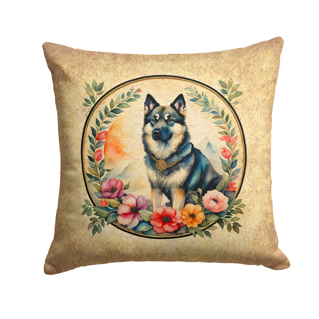 Norwegian Elkhound and Flowers Decorative Throw Pillow 14x14 Indoor Outdoor Accent Cushion, Fabric Cover with Insert for Sofa, Bed, Porch & Living Room
