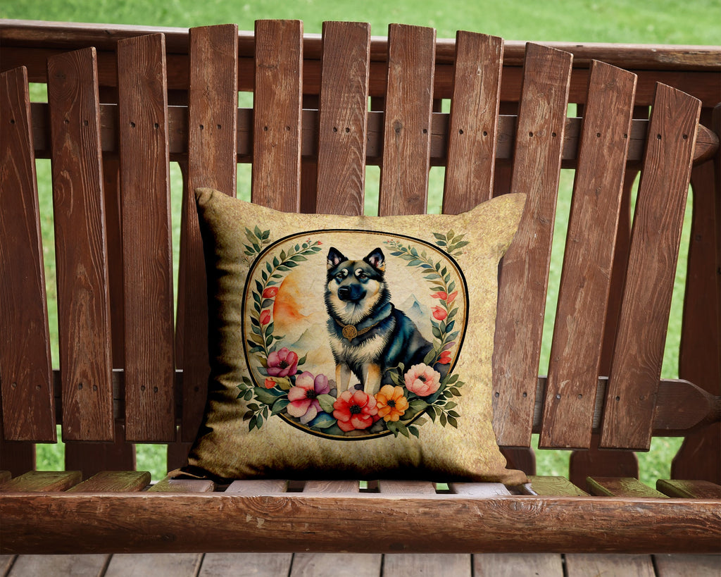 Norwegian Elkhound and Flowers Decorative Throw Pillow 14x14 Indoor Outdoor Accent Cushion, Fabric Cover with Insert for Sofa, Bed, Porch & Living Room