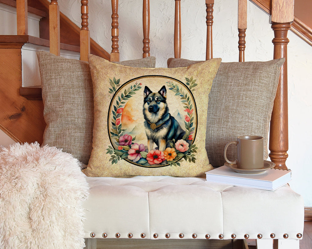 Norwegian Elkhound and Flowers Decorative Throw Pillow 14x14 Indoor Outdoor Accent Cushion, Fabric Cover with Insert for Sofa, Bed, Porch & Living Room