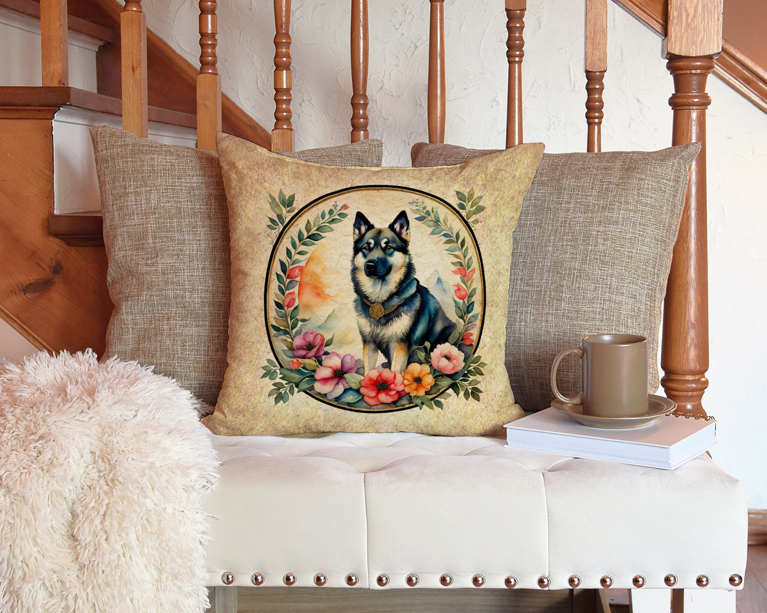 Norwegian Elkhound and Flowers Decorative Throw Pillow 14x14 Indoor Outdoor Accent Cushion, Fabric Cover with Insert for Sofa, Bed, Porch & Living Room