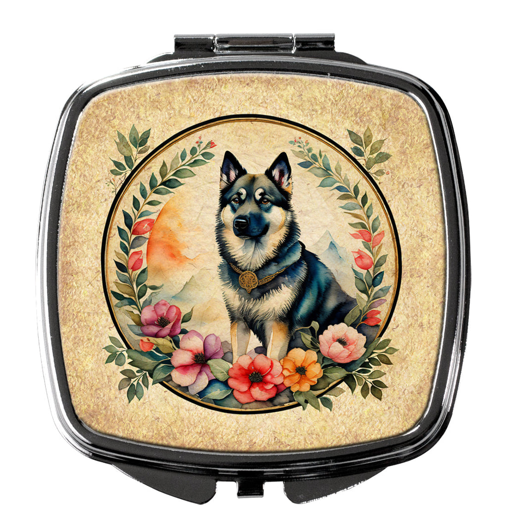 Norwegian Elkhound and Flowers Compact Mirror Decorative Travel Makeup Mirror for Women Girls Gifts Pocket Makeup Mirror Folding Handheld
